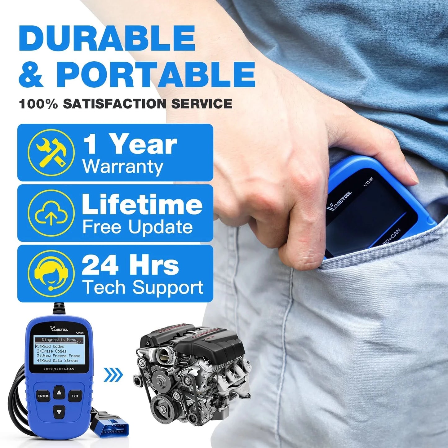 VDIAGTOOL VD10 OBD2 Diagnosegerät KFZ-Scanner mit I/M-Bereitschaftscodes, Motorprüffunktion, lebenslange kostenlose Updates