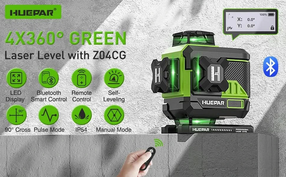 Huepar 16 Lines 4D Self-Leveling Laser Level 4x360°Cross Line Laser with LCD Screen Bluetooth & Remote Control 2x Battery Z04CG