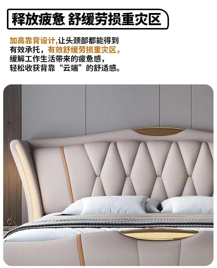 Home Leather bed with light modern minimalist lit 150x200 180x200 200x220 cm Double bed 2 people bedroom beds frames Furniture