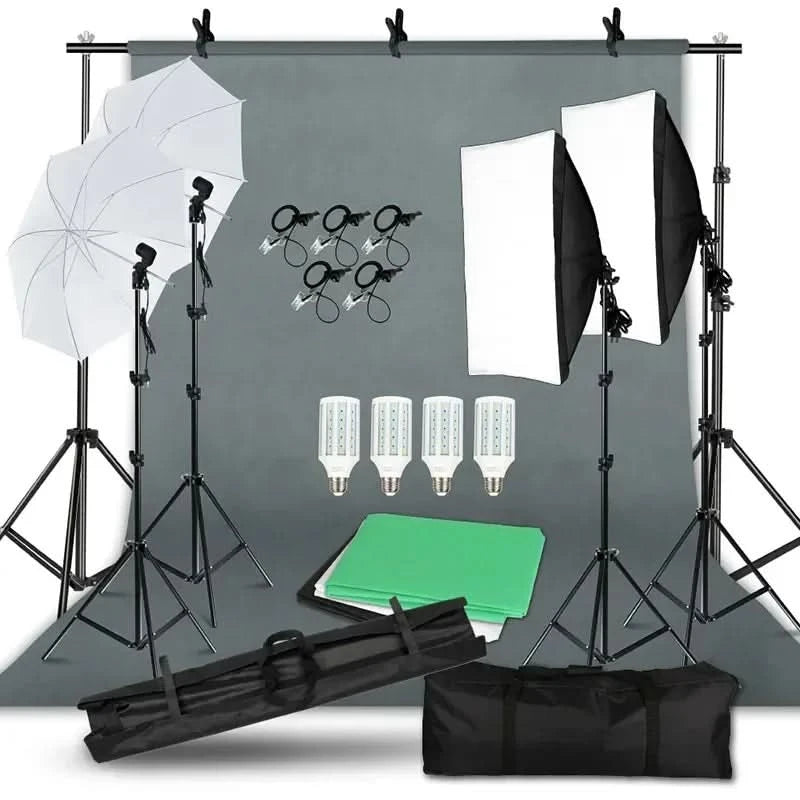 Fotohintergrundrahmen Ständer Softbox Beleuchtungsset Fotostudio-Ausrüstungszubehör mit 3 Hintergrundstoffen und Stativ