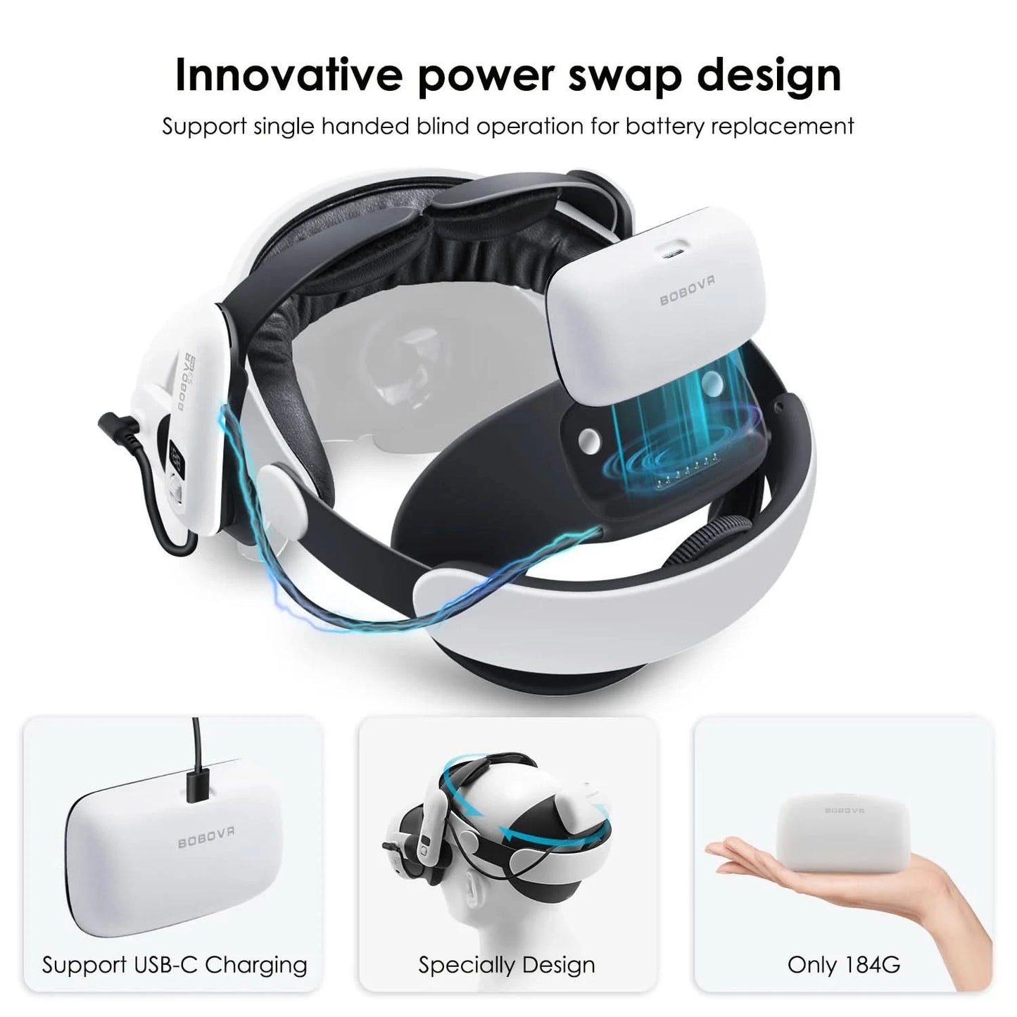 BOBOVR Head Strap kompatibel mit Meta Quest 3/Quest3S BOBOVR S3 Pro/E3PRO/M3 Pro Akku-Kopfband VR-Zubehör