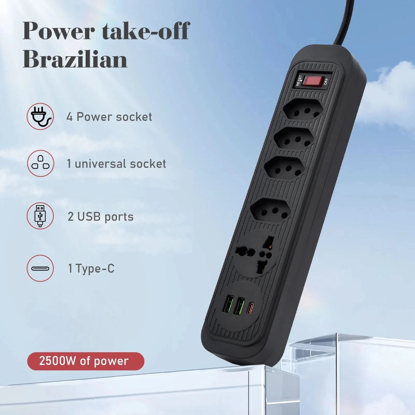 Mehrfachsteckdose, Steckdosenleiste, USB-Steckdose, Steckdosenleiste mit Filter, Steckdosenleiste, Verlängerungskabel, 110-220V, 10A