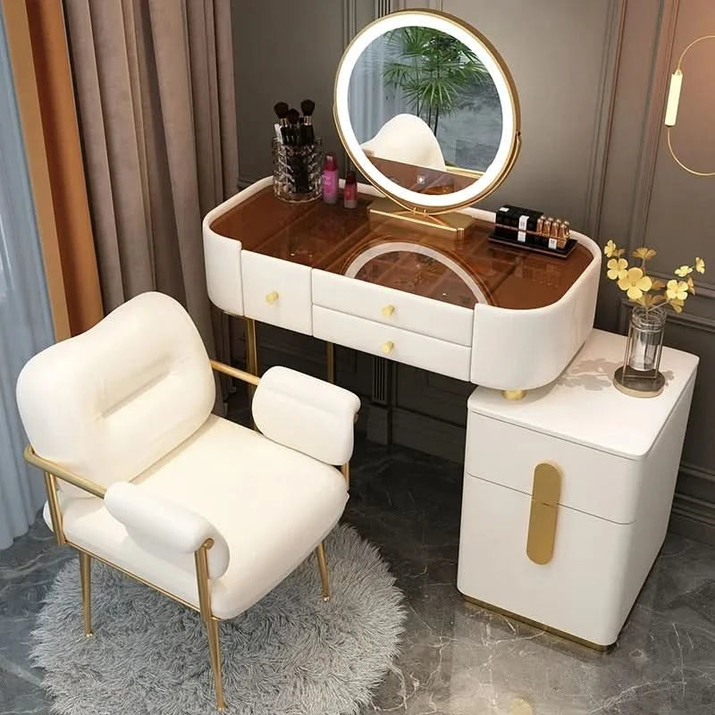 Luxury Jewelery Storage Dressing Table Glass Top Girls Unique Makeup Mirror Beauty Dressing Table Light White Muebles Decoration