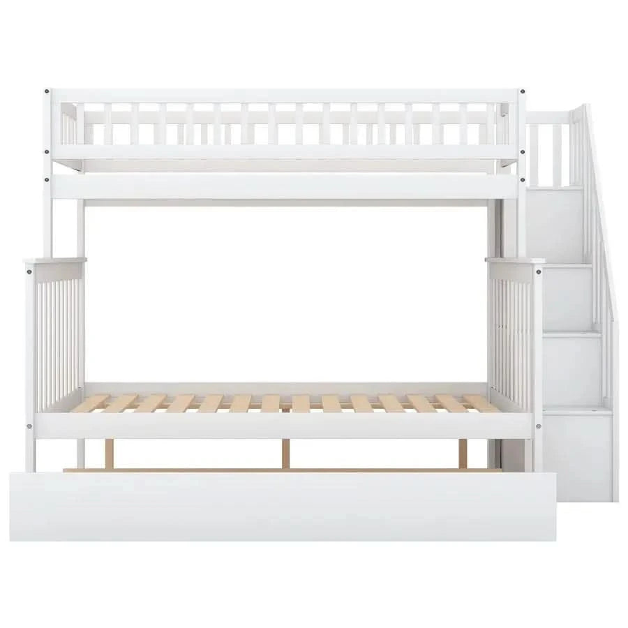 Harper Bright Designs Twin Over Full Bunk Beds with Twin Size Trundle Stairway, Solid Wood Bunk Bed Twin Over Full Size with St