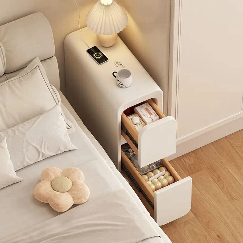 Solid Wood Bedside Table with 2 Drawers No-Leg Design Small Nightstand for Bedroom Minimalist Narrow Storage Cabinet
