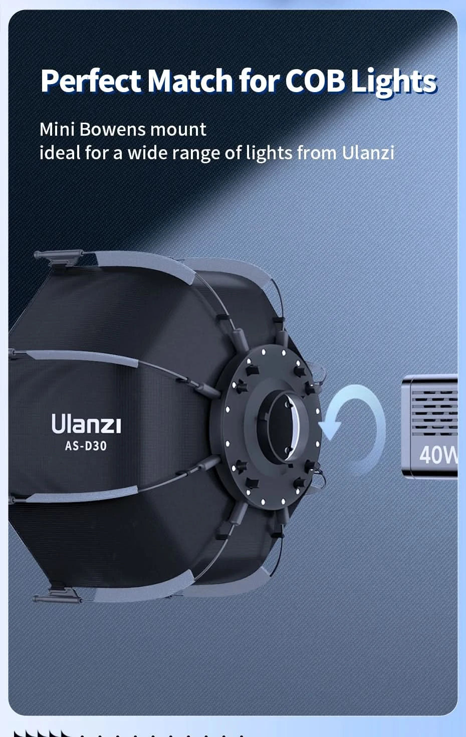 Ulanzi AS-D30 30cm achteckige Softbox Mini Bowens Mount Schnellspann-Wabengitter-Softbox für Ulanzi LT028 LT005 COB-Licht