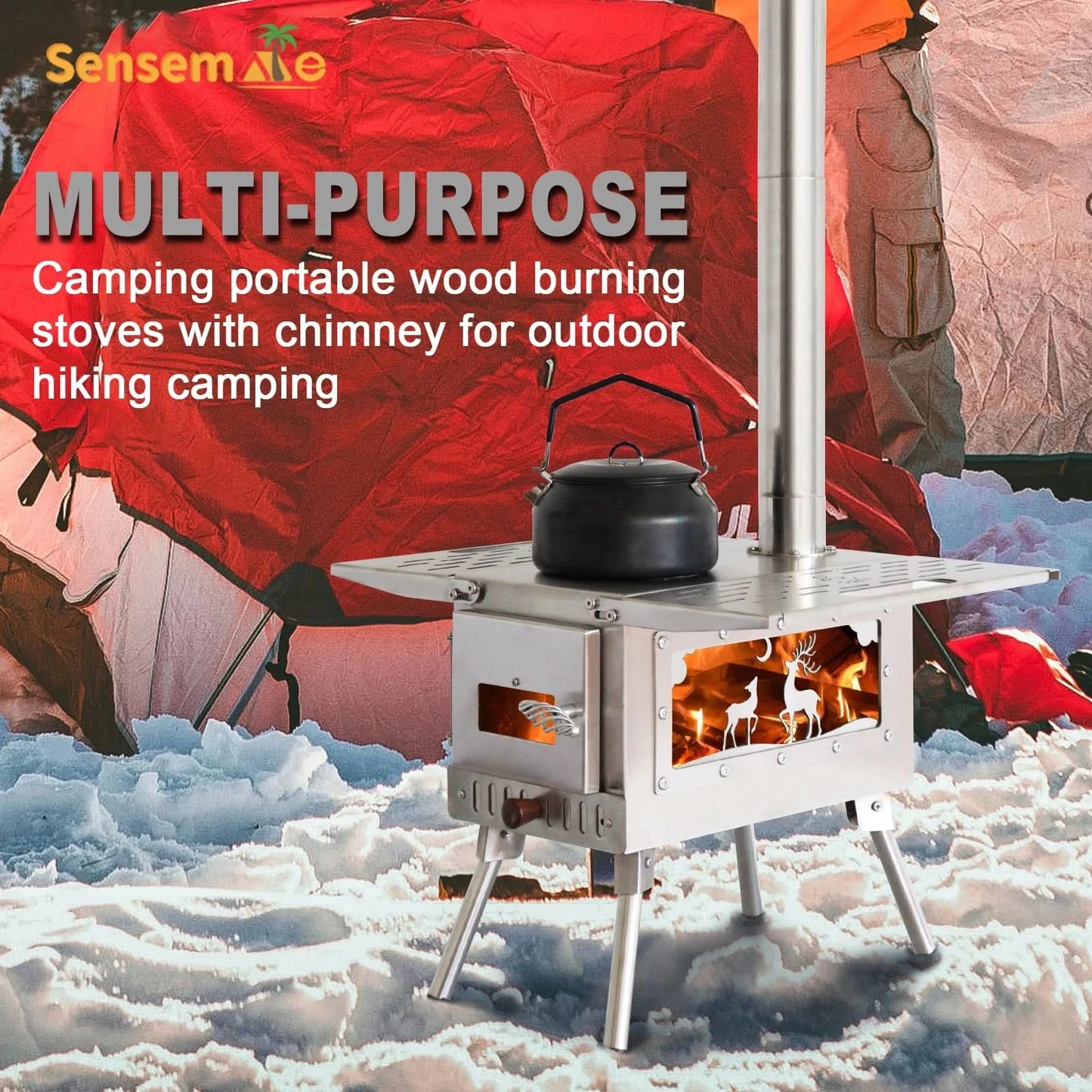 Camping Wood Stove Fire View Side Glass Portable Folding Wood Burner with Chimney Stainless Steel Tent Heater for Ice Fishing