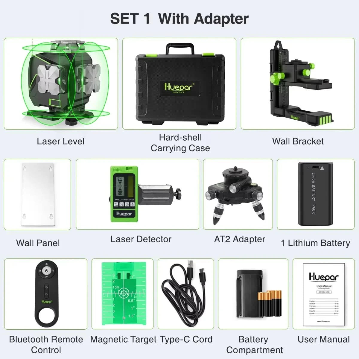 Huepar 4D 16 Lines Laser Level Self Leveling 4x360°Cross Line LCD Screen Bluetooth Remote Green Beam Tiling Floor with Receiver
