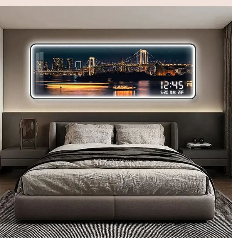 Modern Urban Night Scene Bedroom Bed Head Hanging Art Electronic Clock Landscape Architecture Living Room Sofa Background Wall D