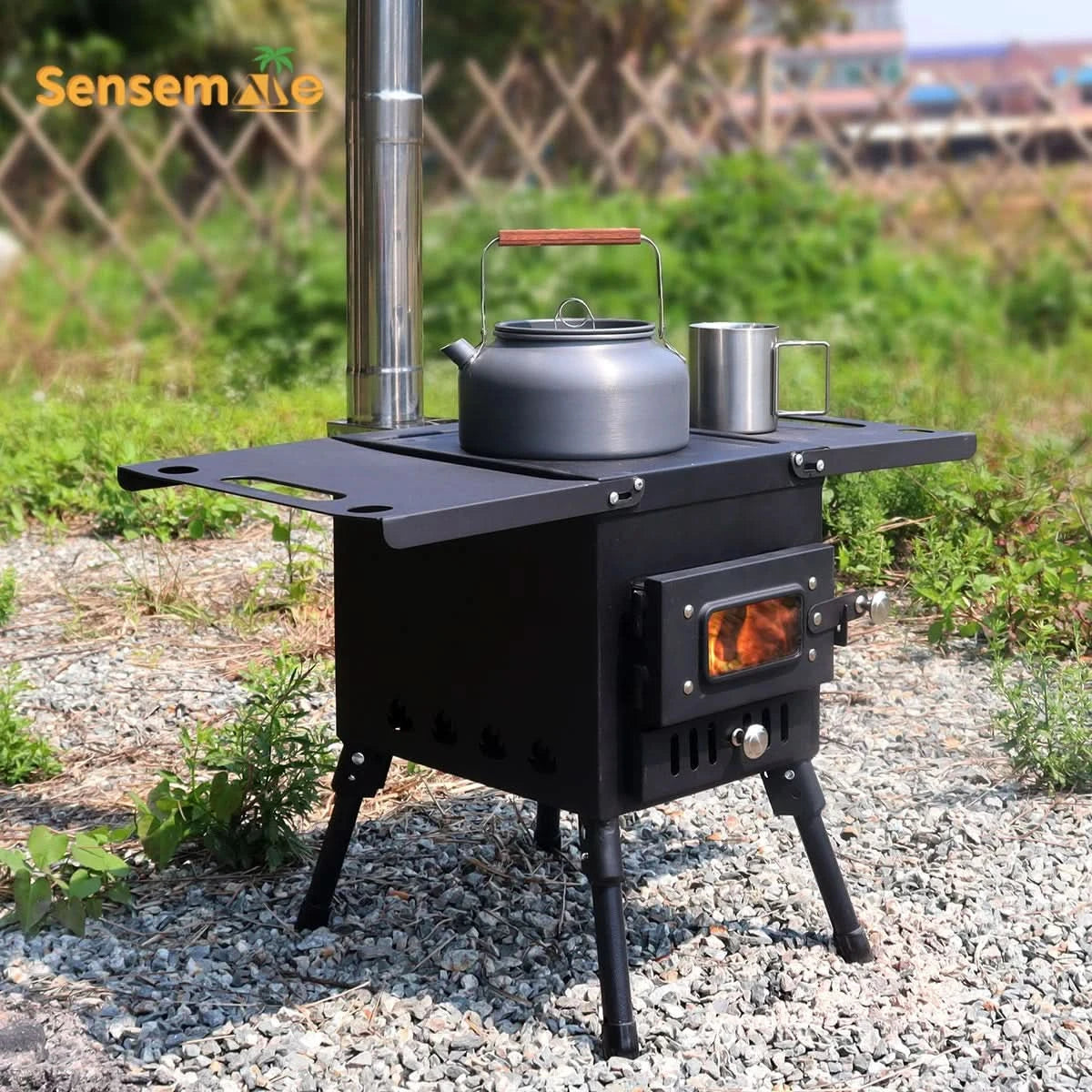 Camping Wood Stove Fire View Side Glass Portable Folding Wood Burner with Chimney Stainless Steel Tent Heater for Ice Fishing