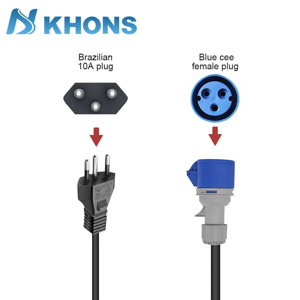 KHONS Elektrofahrzeug-Ladegerät Blau CEE 32A auf brasilianischen Stecker 10A Adapter 32A 1Phase Buchse auf 10A Stecker