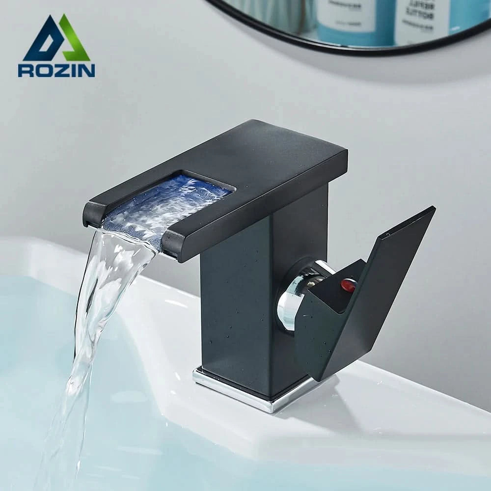 Rozin LED-Badwaschtischarmatur schwarz Wasserfall-Waschtischarmaturen Hydroelektrische LED-Waschtischarmatur Warm- und Kaltwasser-Mischbatterie