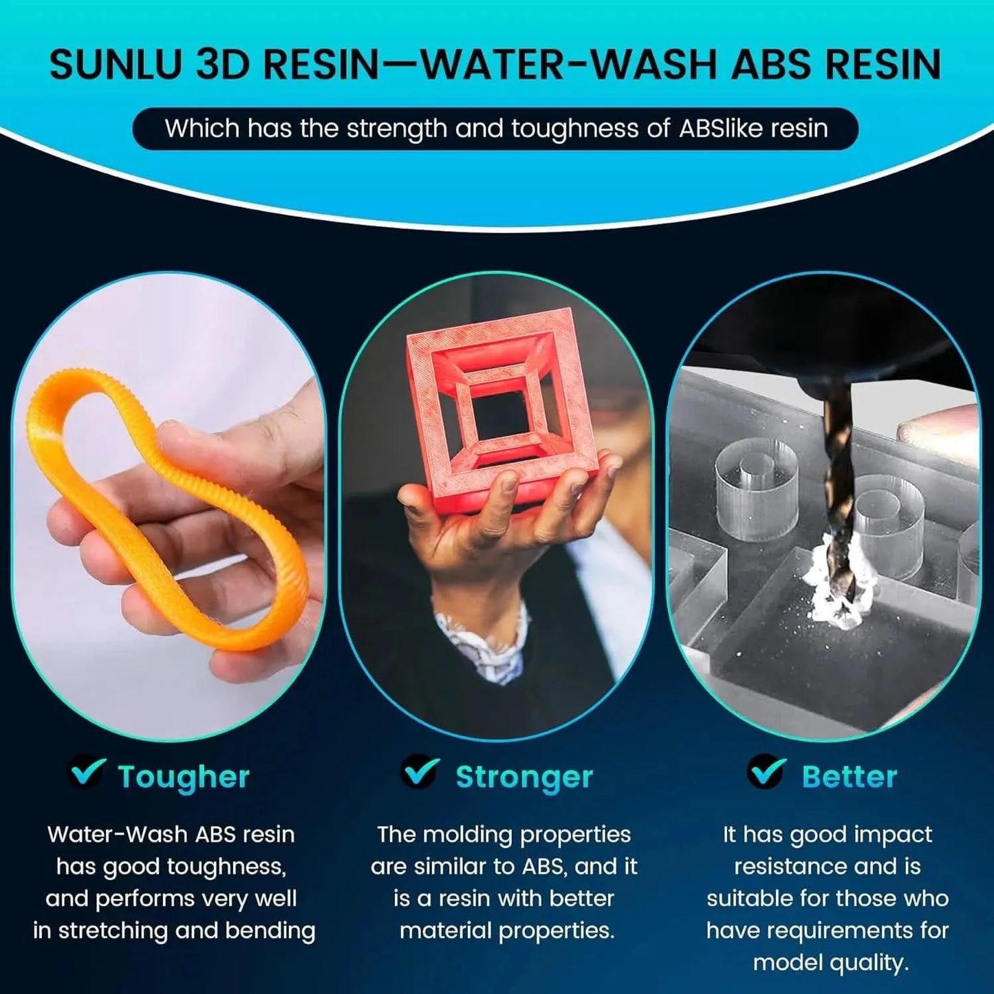 SUNLU 2KG Wasserwaschbares / Wasserwaschbares ABS-Harz Harz 1000G/Flasche 405nm Schnelles UV-härtendes Photopolymerharz für LCD-3D-Druck