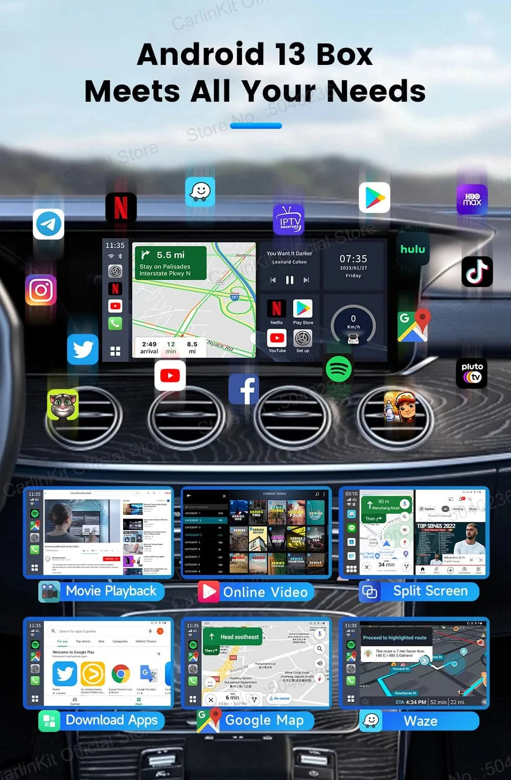 CarlinKit S2 CarPlay Ai Box LED Android 13 Streaming Box 64G/128G Qualcomm 8-Core Split Screen Smartes Fahrzeugsystem Wiedergabe von Videos
