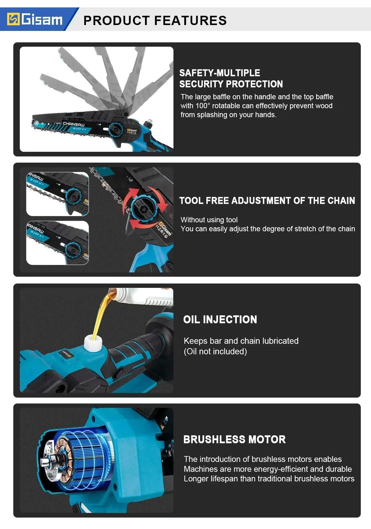 Gisam 8 Inch Brushless Electric Chainsaw Cordless Electric Saw Woodworking Garden Pruning Saw Tool For Makita 18V Battery Pins