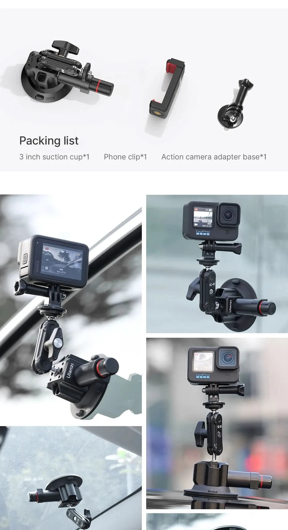 Ulanzi Car Phone Action Camera Holder Hand Pump Suction Cup 360° Adjustable 1/4" for GoPro for Insta360 DJI Action Smart Phone