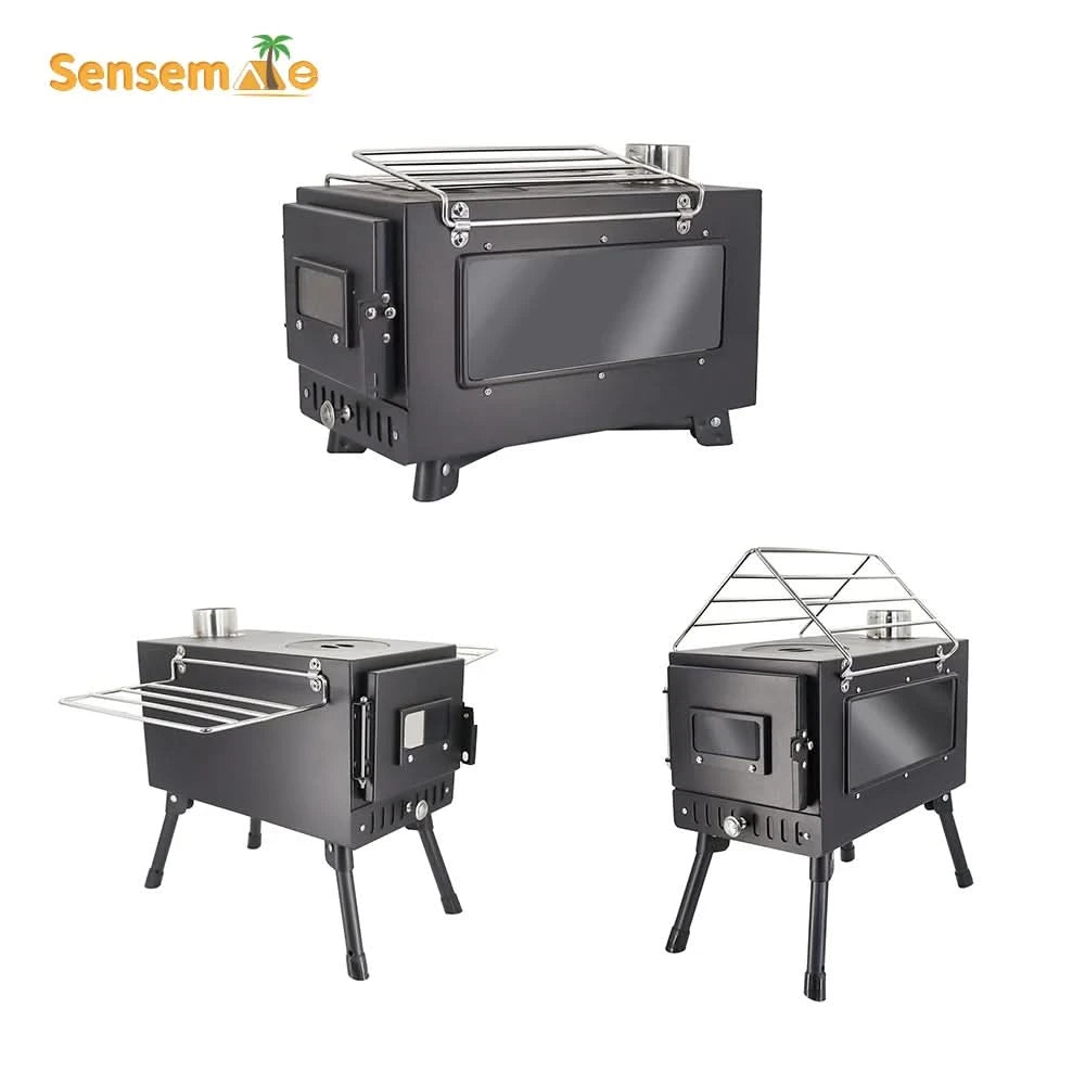Camping Wood Stove Fire View Side Glass Portable Folding Wood Burner with Chimney Stainless Steel Tent Heater for Ice Fishing
