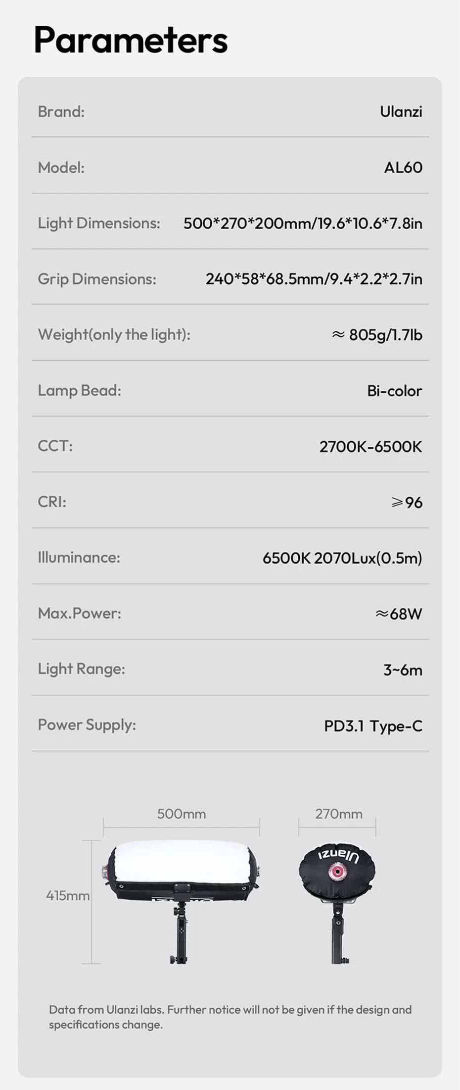 Ulanzi AL60 60W / AL120 120W Inflatable Air Tube Light APP Control LED Video Light Bi-Color Light Stick w Handle for Photography