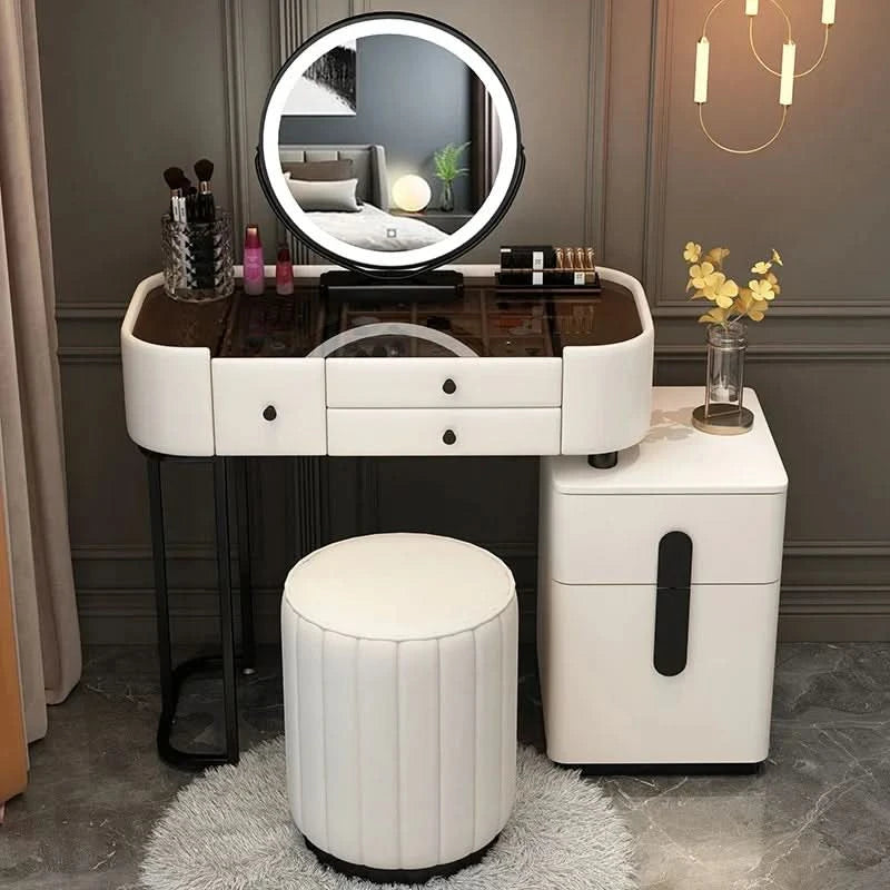 Luxury Jewelery Storage Dressing Table Glass Top Girls Unique Makeup Mirror Beauty Dressing Table Light White Muebles Decoration