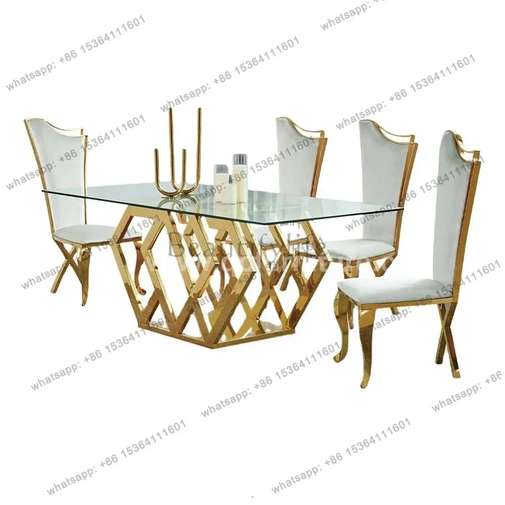 Golden stainless steel base tempered glass top modern luxury dining furniture with 8 seater dining room table