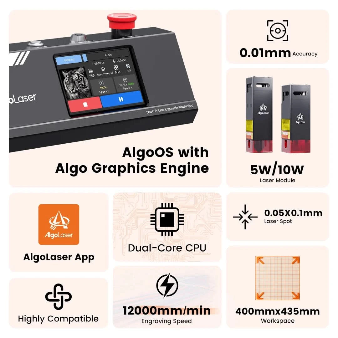 AlgoLaser DIY KIT MK2 10W Lasergravur-Schneidemaschine Touchscreen für Holz Metall 10W Ausgangsleistung Offline-Arbeit 400X435MM