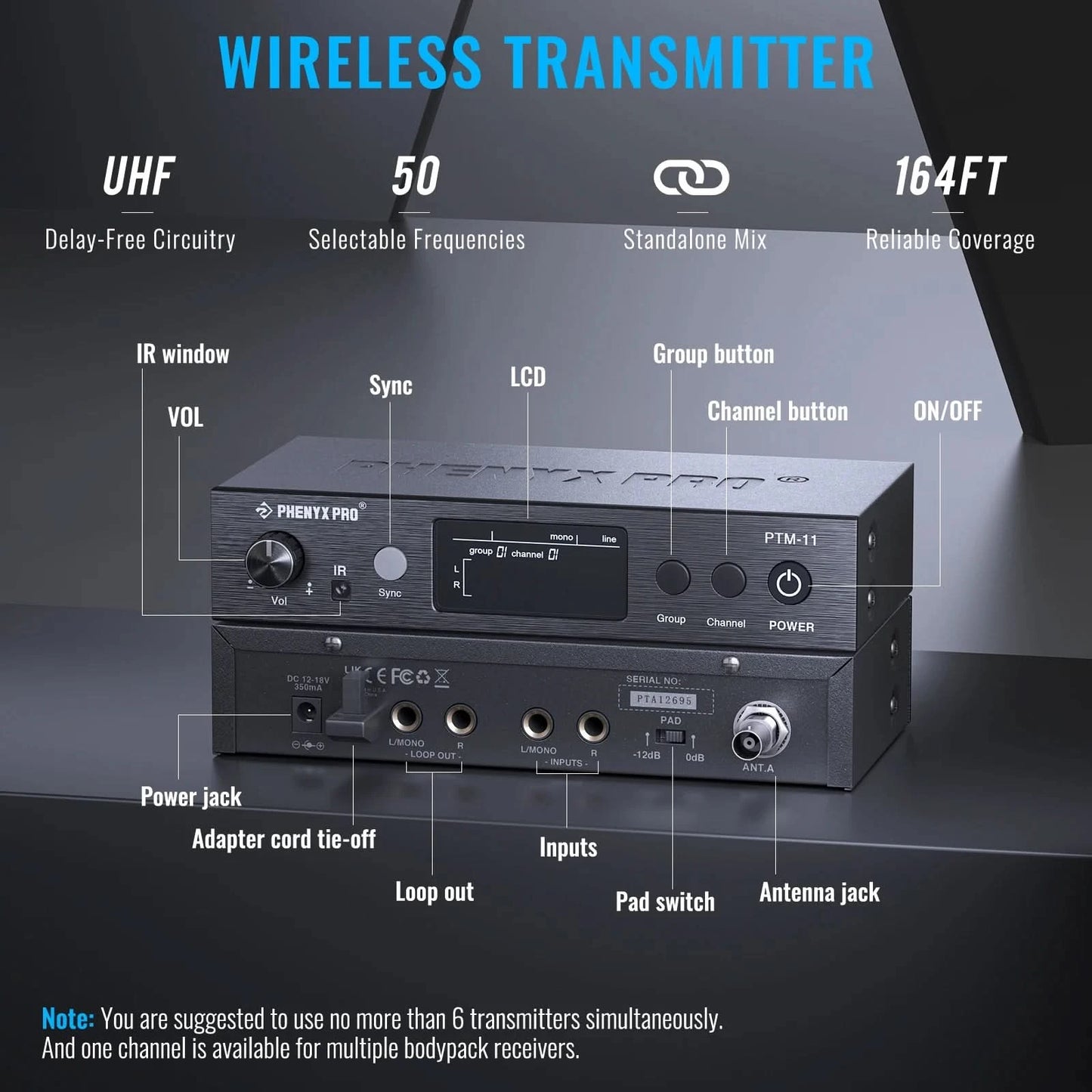 UHF Mono Wireless In-Ear Monitor System w/1 Loop Output,Separate Outputs Suitable for Band and Studio Phenyx Pro PTM-11
