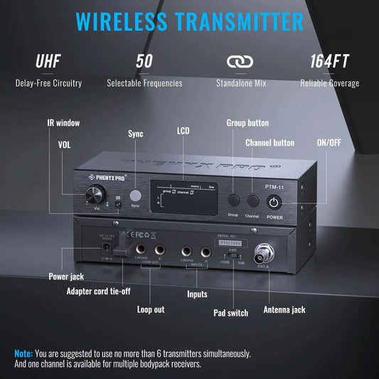 UHF Mono Wireless In-Ear Monitor System w/1 Loop Output,Separate Outputs Suitable for Band and Studio Phenyx Pro PTM-11