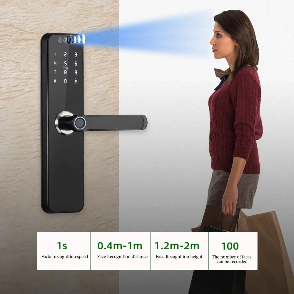 Aus Brasilien RAYKUBE K12 mit wiederaufladbaren Lithiumbatterien Tuya WiFi Kamera Elektronisches Schloss 3D-Gesicht Fingerabdruck Smart Türschloss