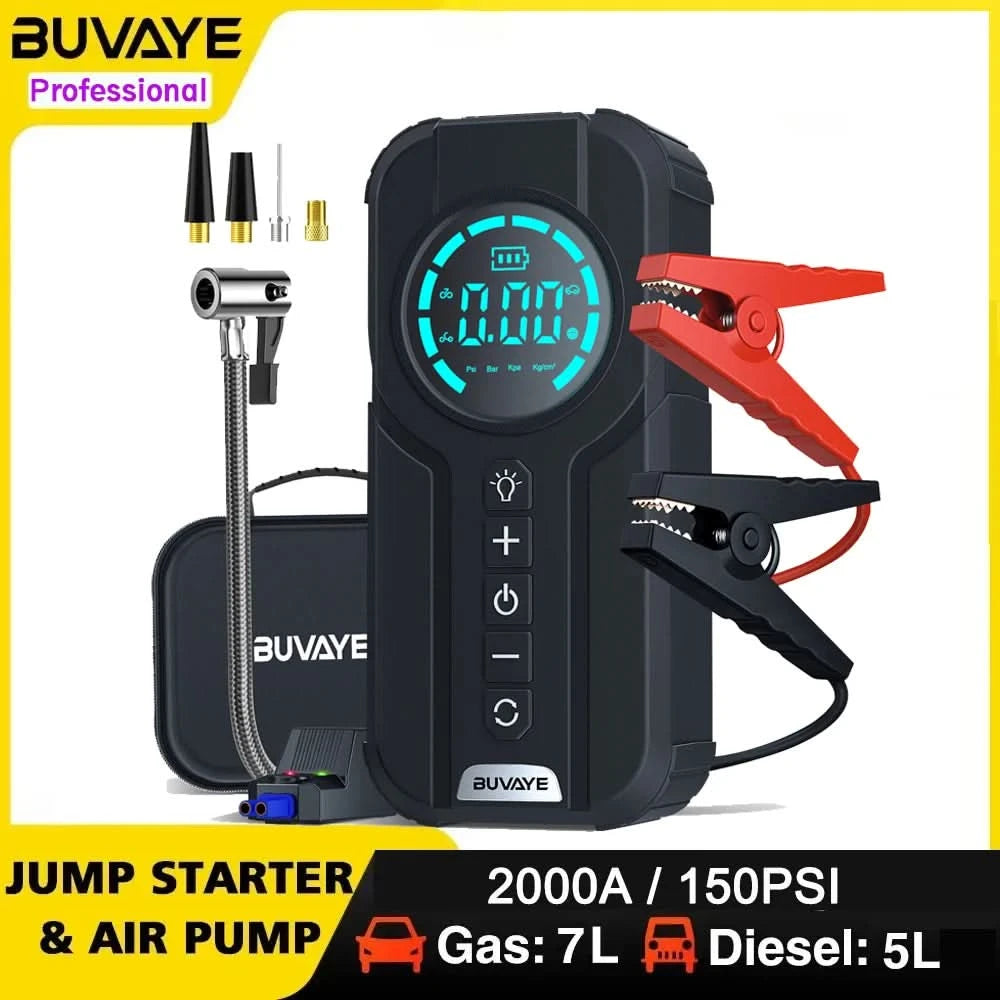 BUVAYE Auto-Multifunktions-Luftkompressor Starthilfe Luftpumpe Praktischer Reifenfüller Tragbarer Batteriestarter mit EVA-Tasche