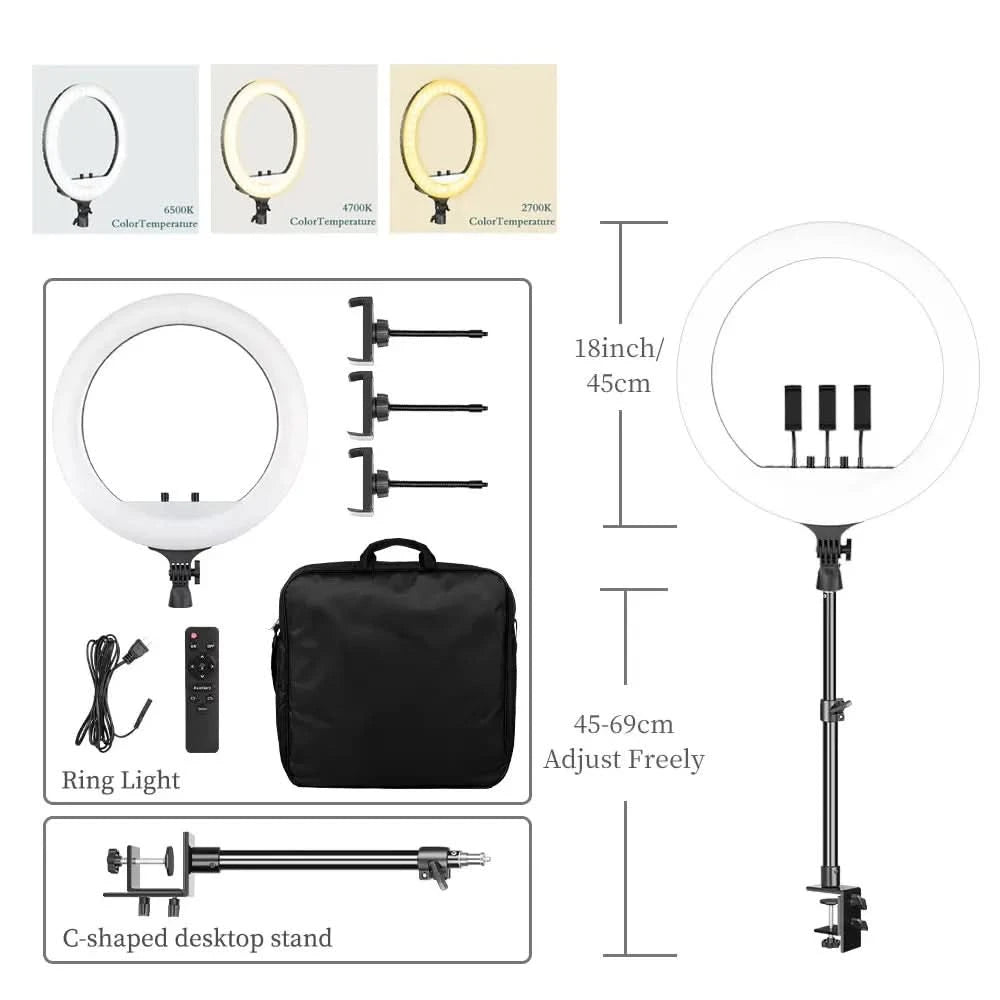 SH 18 Zoll Drehknopfringlicht LED Selfie Video Lampe mit Stativ Handyhalterung für YouTube Live Beleuchtung Foto Fotostudio