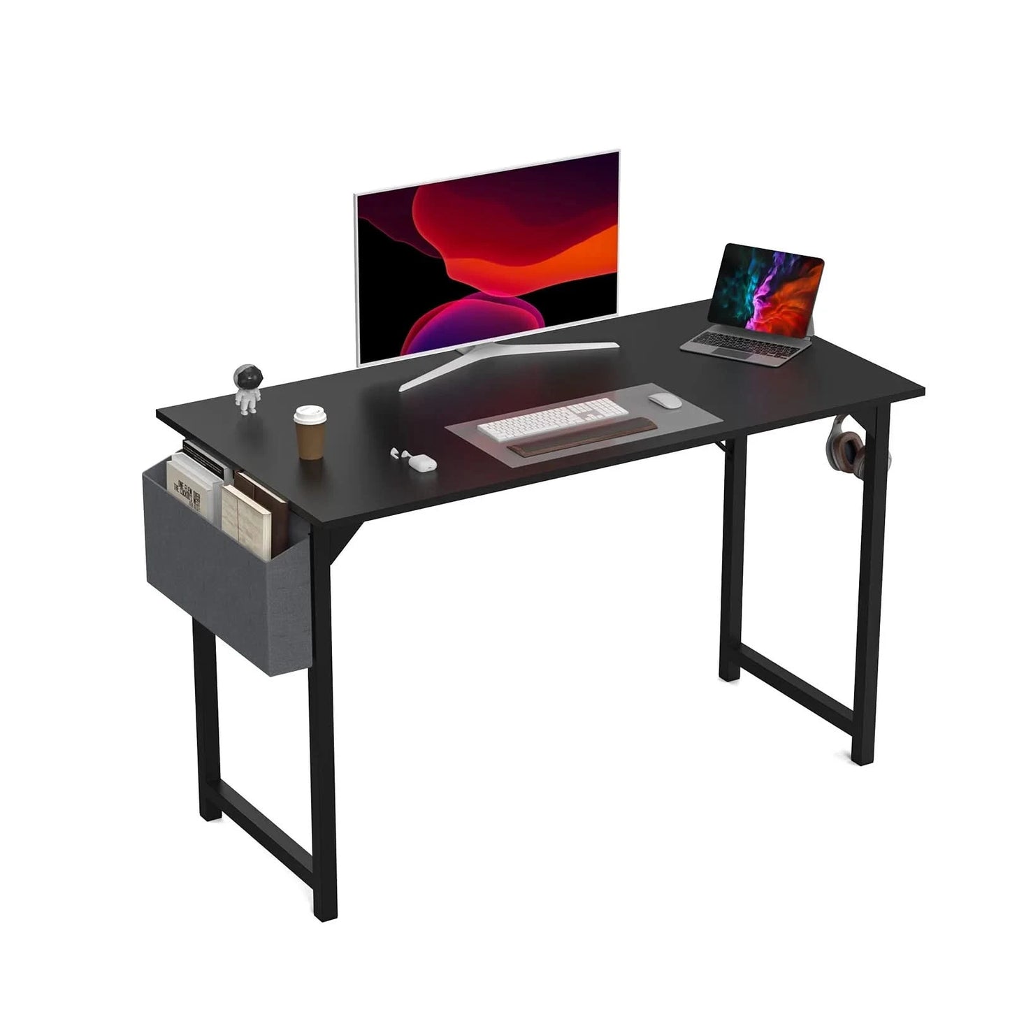 JHK Computertisch Schreibtisch Büro Gaming-Tisch Modern Einfacher Stil Kompakt mit Seitentasche Kopfhörerhaken Leichte Montage