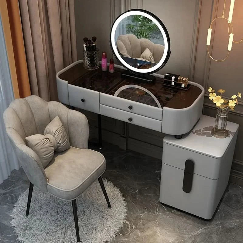 Luxury Jewelery Storage Dressing Table Glass Top Girls Unique Makeup Mirror Beauty Dressing Table Light White Muebles Decoration