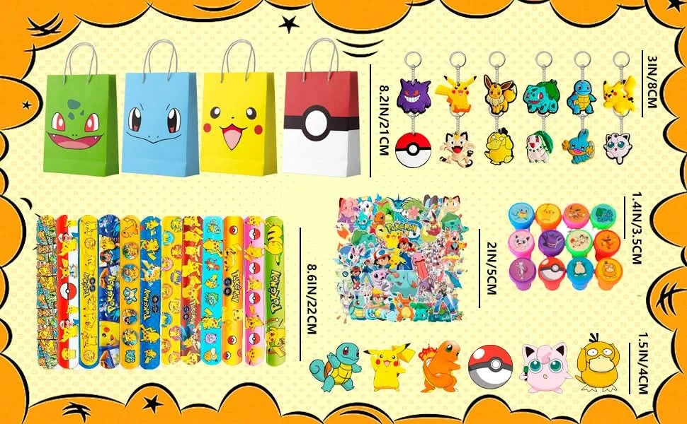 Pokémon-Geburtstagspartygeschenke für Kinder, 110-teiliges Pokémon-Partyzubehör – Pikachu-Geschenktüten, Abzeichen, Aufkleber usw. Pokémon-Partygeschenke