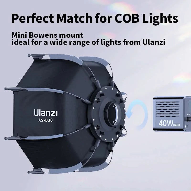 Ulanzi AS-D30 30cm achteckige Softbox Mini Bowens Mount Schnellspann-Wabengitter-Softbox für Ulanzi LT028 LT005 COB-Licht