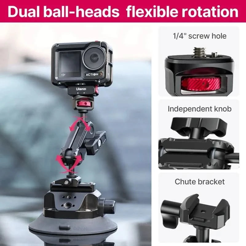 Ulanzi Auto-Handy-Action-Kamerahalterung Handpumpe Saugnapf 360° verstellbar 1/4" für GoPro für Insta360 DJI Action Smartphone