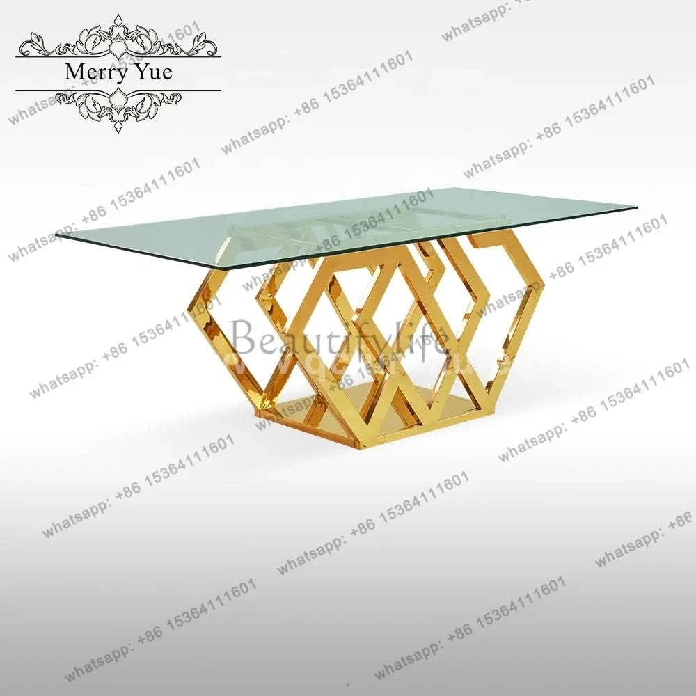 Golden stainless steel base tempered glass top modern luxury dining furniture with 8 seater dining room table