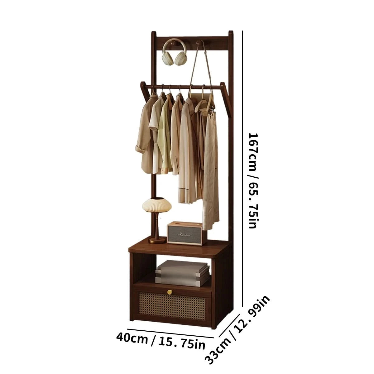 Bamboo 2-in-1 Bedside Rack & Nightstand - Small Space (40/50cm) with Drawer, Shelf & Hanging Rod for Essentials