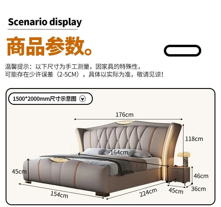Home Leather bed with light modern minimalist lit 150x200 180x200 200x220 cm Double bed 2 people bedroom beds frames Furniture