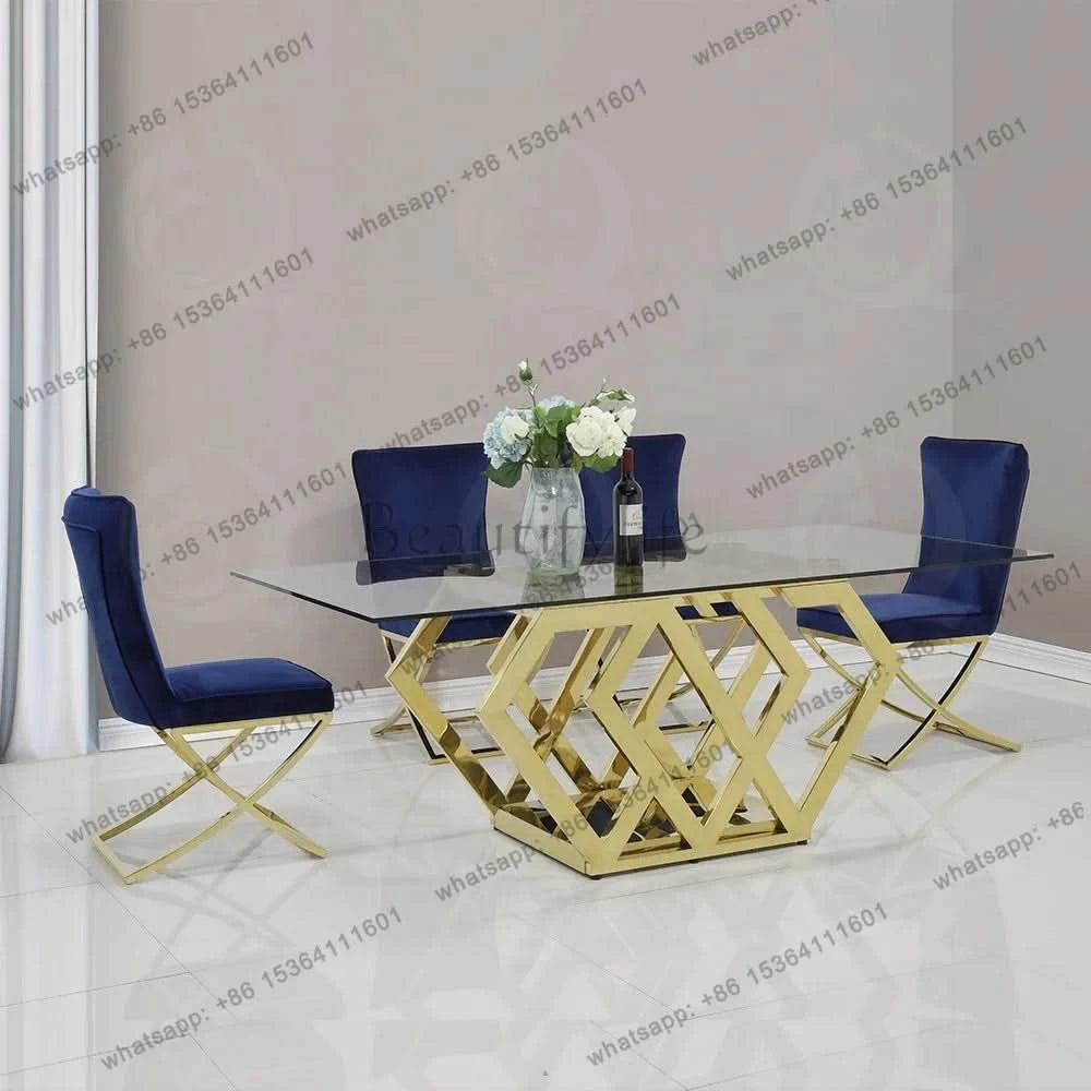 Golden stainless steel base tempered glass top modern luxury dining furniture with 8 seater dining room table