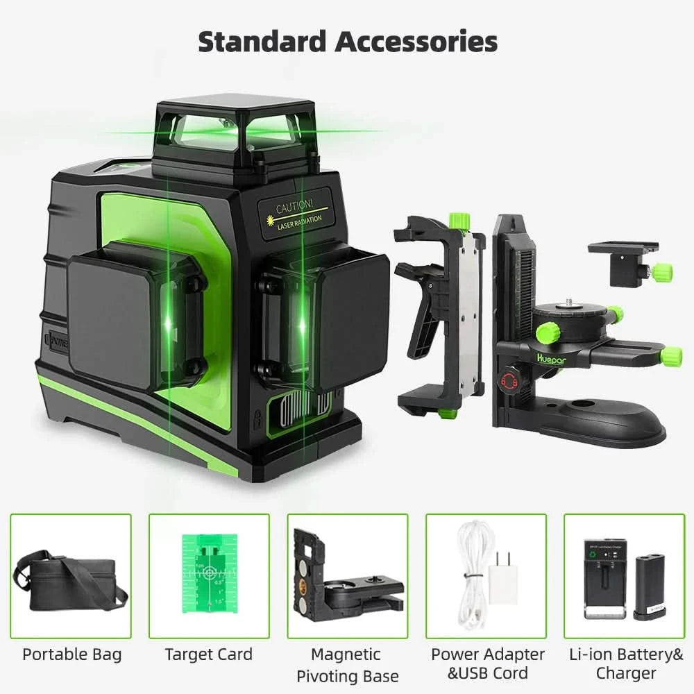 Huepar 12 Lines 3D Cross Line Laser Level Kit Osram Self-Leveling Green Beam 360° Vertical Horizontal With Laser Receiver Tripod