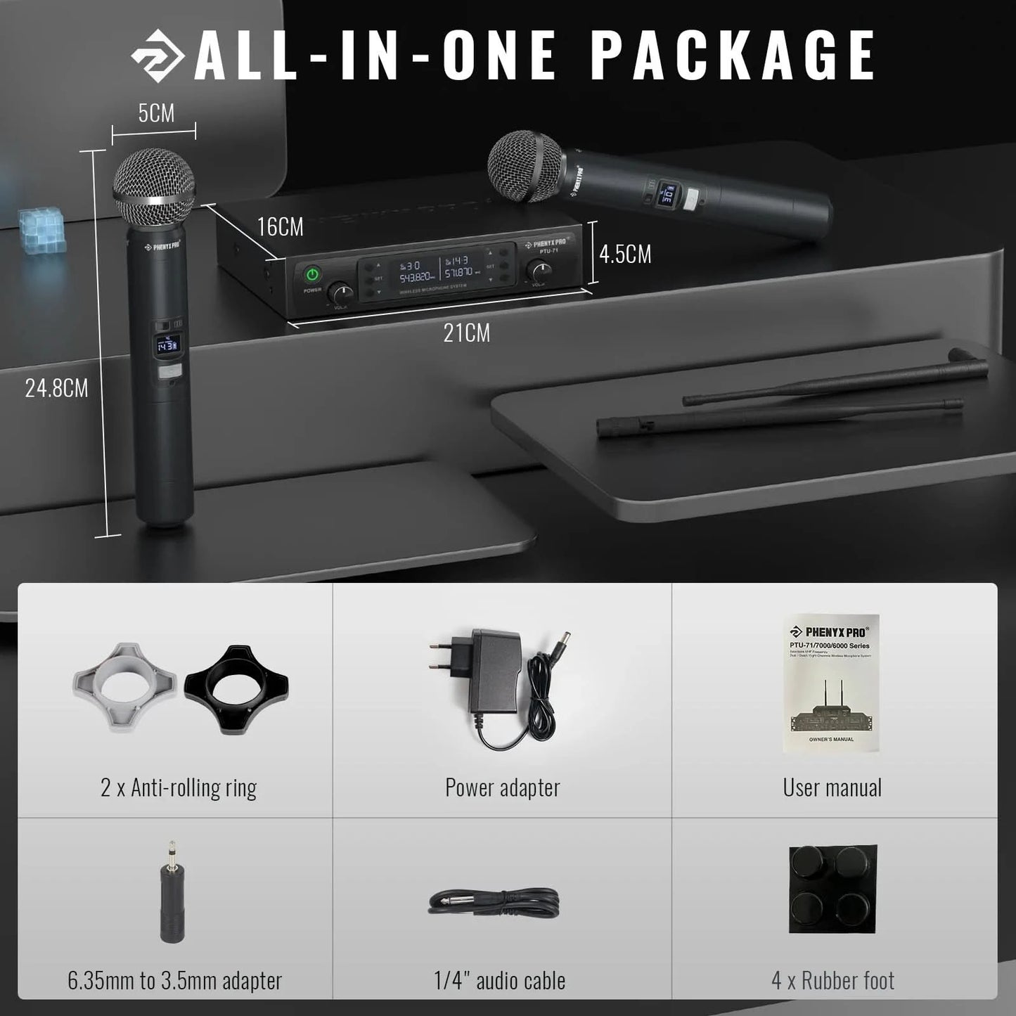 Phenyx Pro UHF Profeesional Adjustable Dual Wireless Microphone System for Stage Performances Sturdy Metal Build 100M PTU71