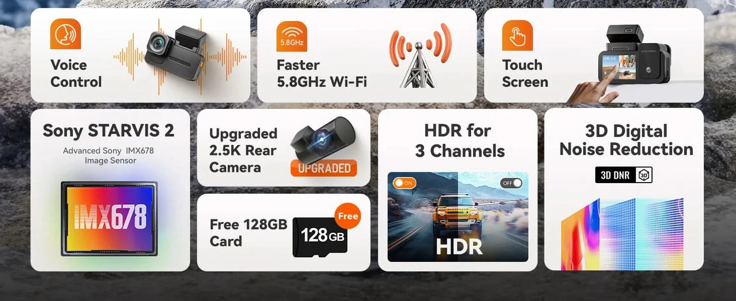 WOLFBOX X5 3-Kanal 4K Dashcam STARVIS 2 IMX678 4K+2.5K Dreifach-Auto-Kamera für vorne, hinten und innen 5.8GHz WiFi Spiegel-Auto-DVR