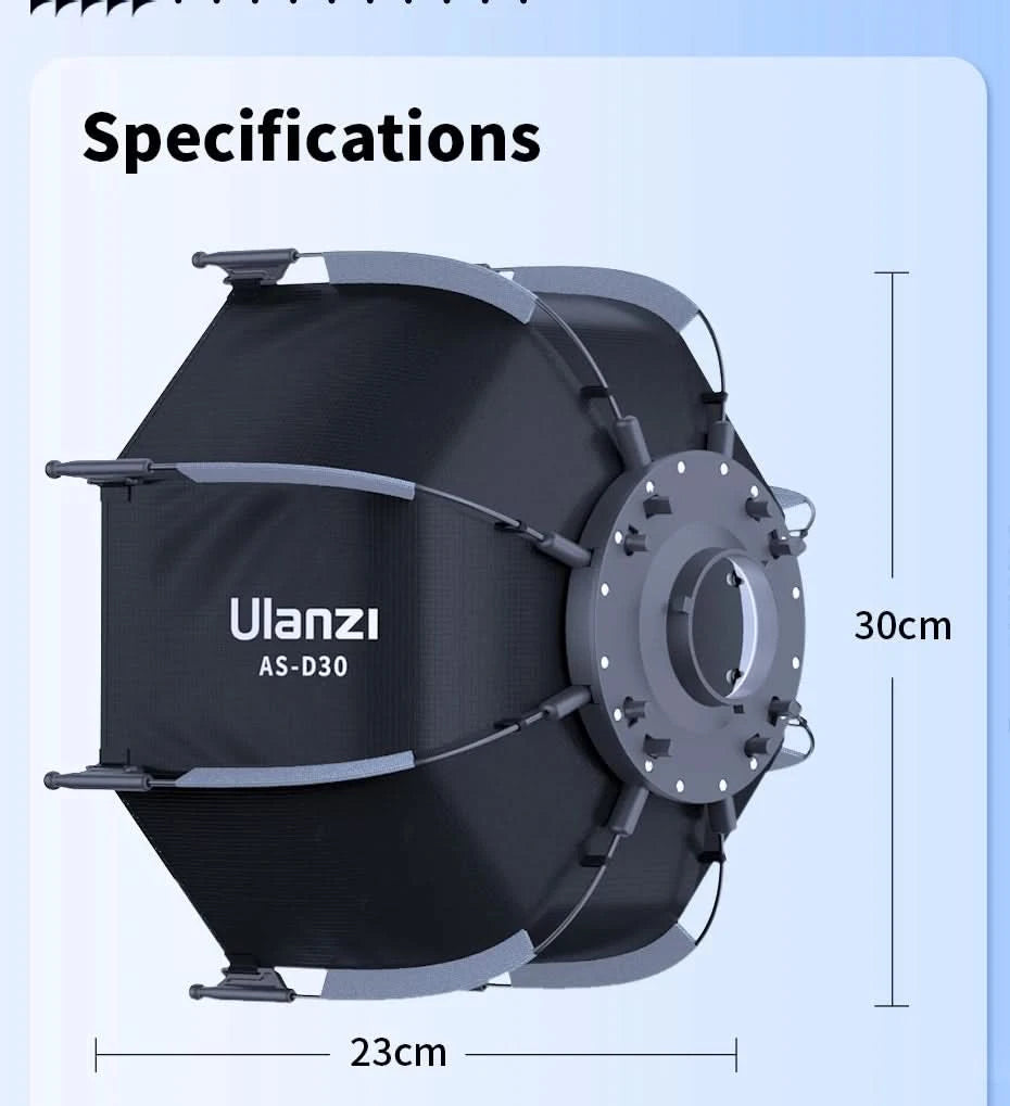 Ulanzi AS-D30 30cm achteckige Softbox Mini Bowens Mount Schnellspann-Wabengitter-Softbox für Ulanzi LT028 LT005 COB-Licht