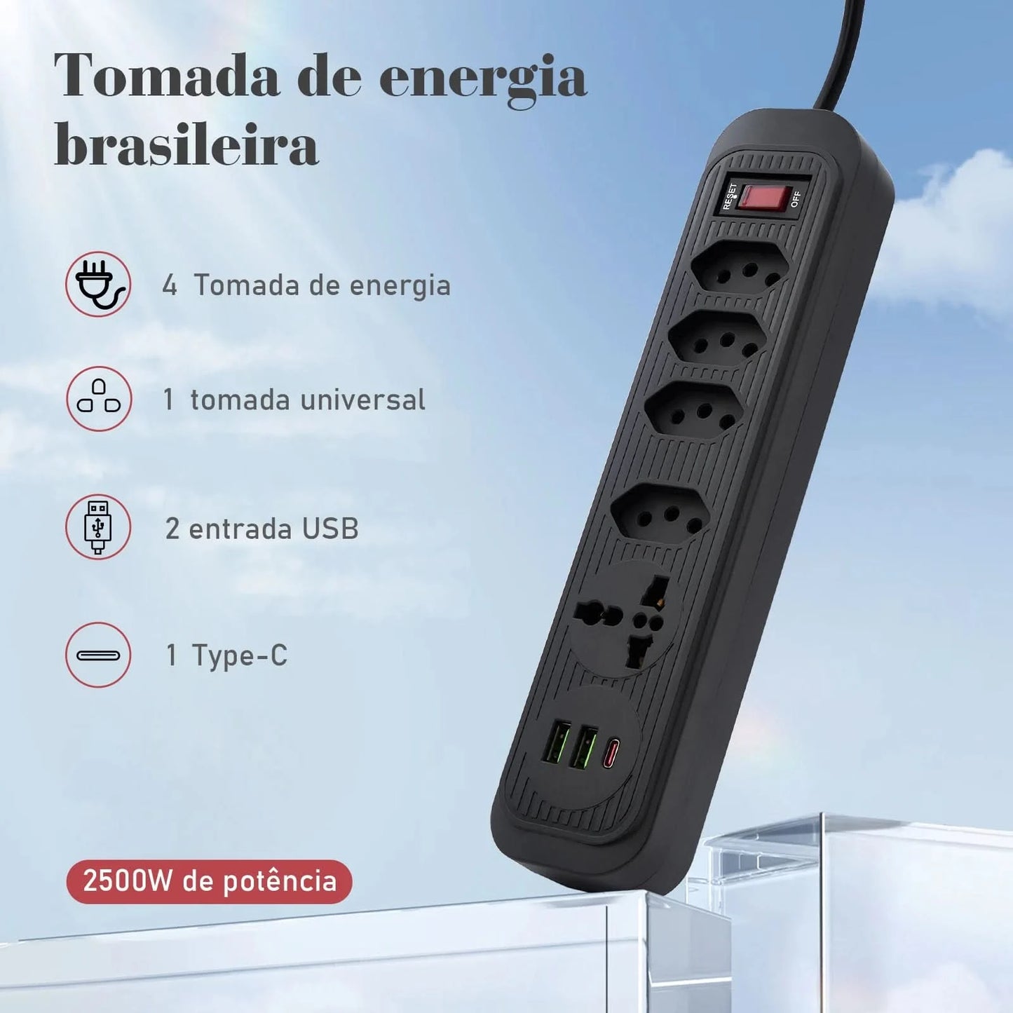 4-fach Verlängerungskabel mit 3 USB-Anschlüssen, weiß, bivolt, 2 Meter, Schwarz, Verlängerungskabel, unterstützt 110-220V Spannung, 2500W Leistung