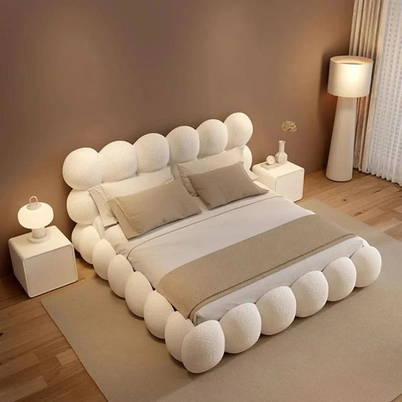 Beauty Cream Cloud Bed Large Size White Rectangle Minimalist Safe Bed Upholstery European Cama Matrimonial Home Furniture