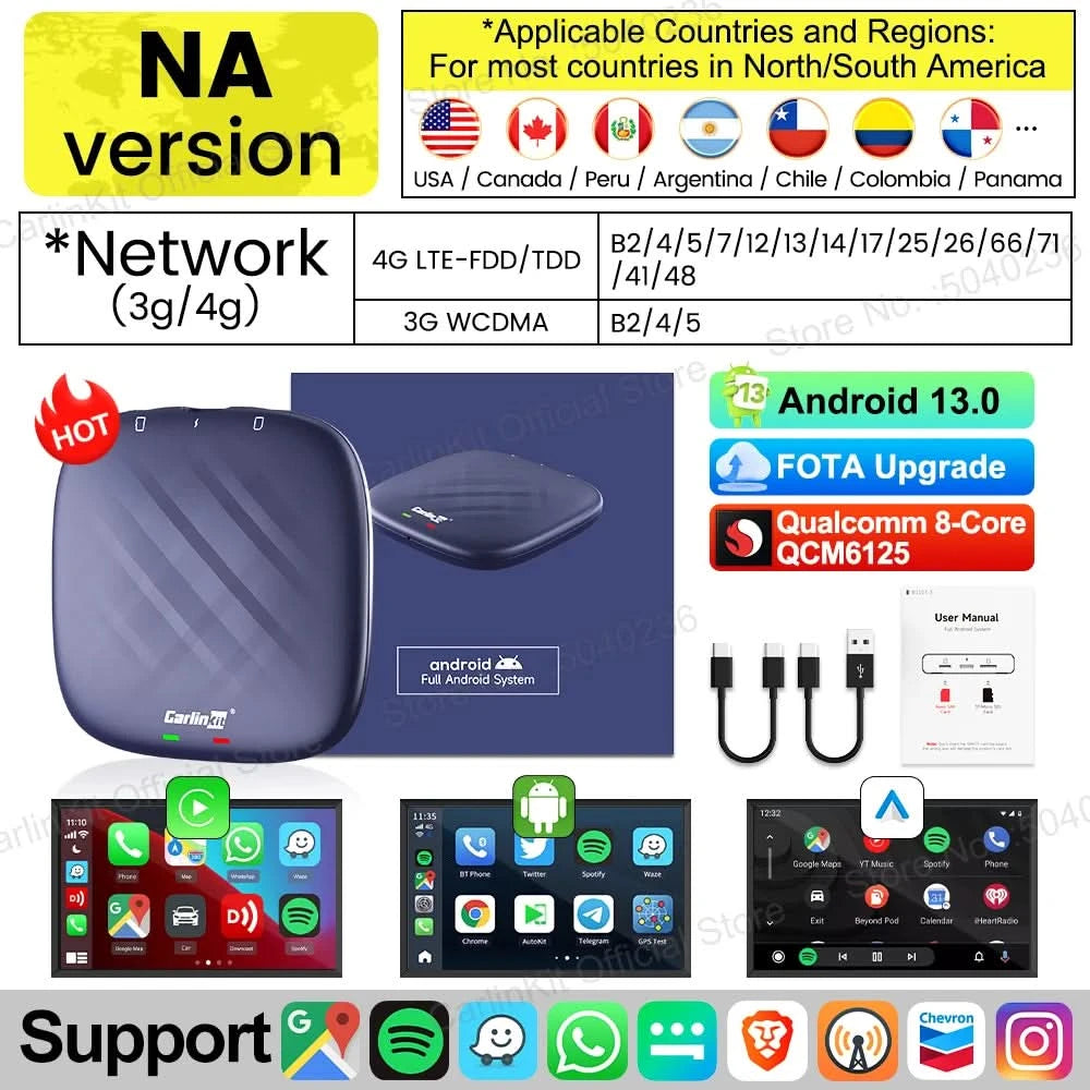 2026 CarlinKit CarPlay AI Box Android 13.0 SM6225 8-Core Android Auto Wireless CarPlay Adapter 2.4+5GGPS 64G 128G FOTA-Upgrade