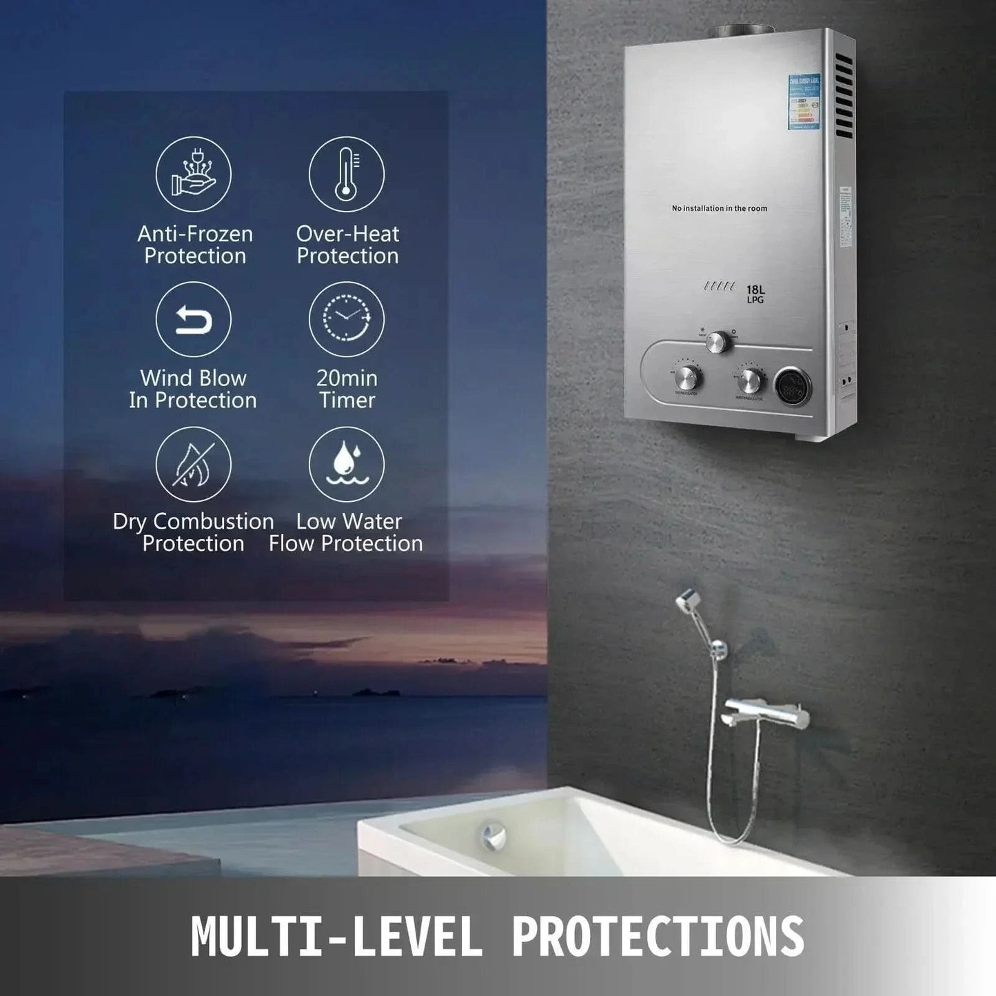Sihao 6L 8L 10L 12L 16L 18L Flüssiggas-Durchlauferhitzer Sofortiger Gasboiler Butan Propan Gasboiler für Camping und Outdoor