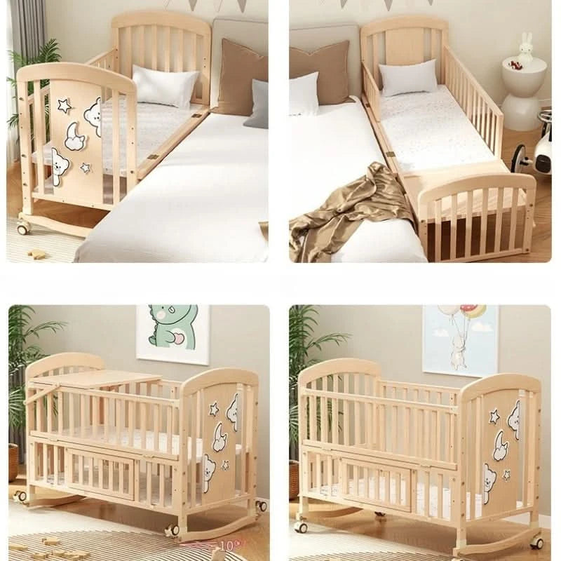 Baby Comfortable Sleeping Bed Solid Wood Newborn Baby Bed Multifunctional Baby Rocking Bed with Wheels and mosquito net