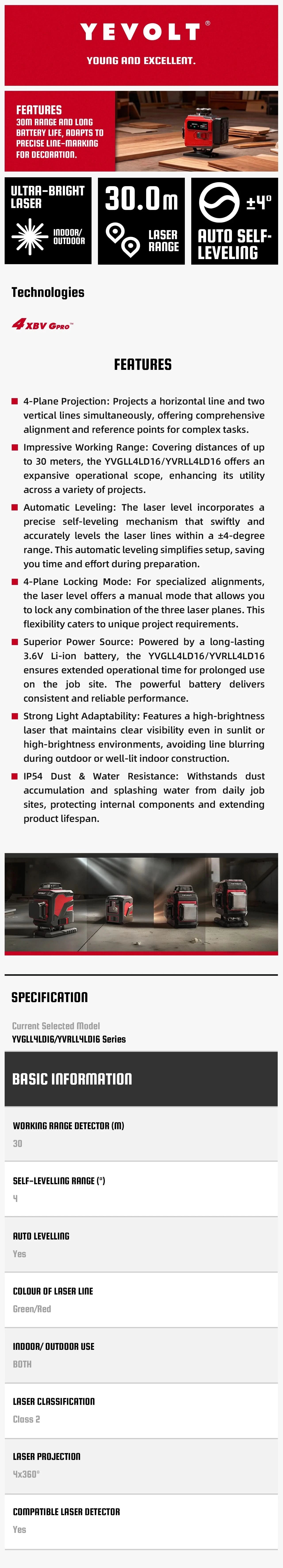 YEVOLT YVGLL4LD16 4-Plane Red Laser Level 4D 16 Lines with  All Day Work Self-Leveling Measuring Horizontal & Vertical Tools