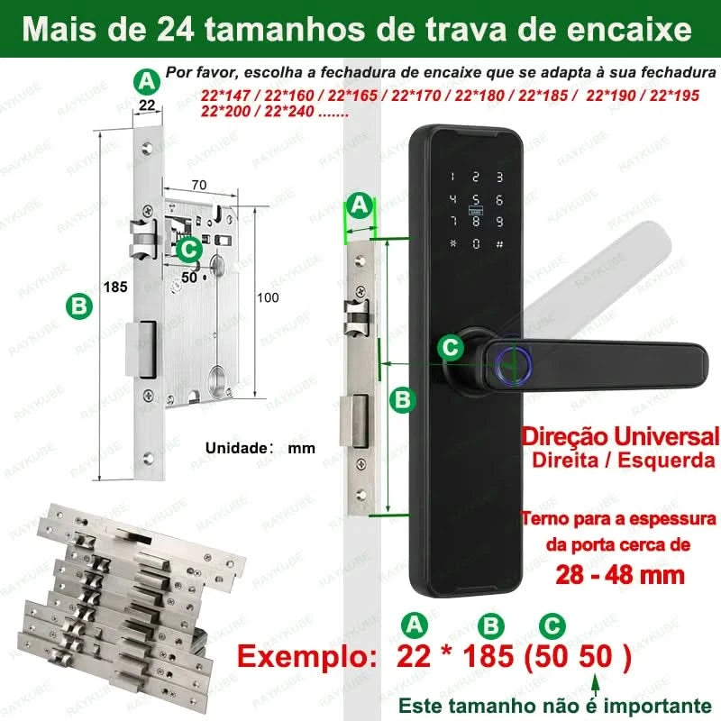 Do Brasil RAYKUBE Black K7 Pro+ Tuya Bluetooth Biometric Fingerprint Door Lock Smart Digital Lock Tuya App Unlock Keyless Lock